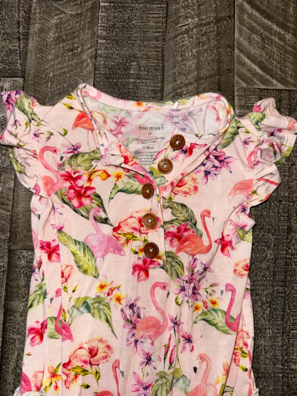 Posh Peanut Pink Floral Flamingo Romper with Wooden Buttons